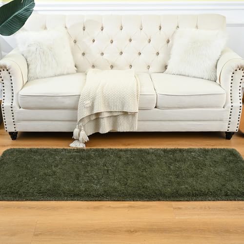 Fluffy Runner Rug for Bedroom Living Room (2' x 6' / Olive Green)