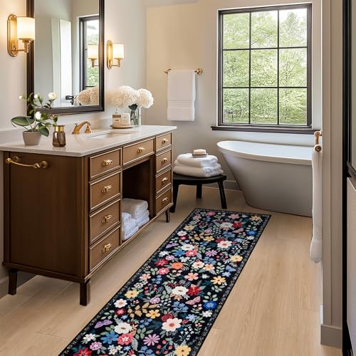 2.6x8 Washable Runner Rug：Floral Indoor Kitchen Soft Carpet Black (Black / 2'6" x 8' (Runner))