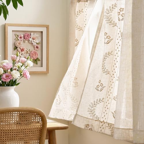 Beige Floral Linen Kitchen Tier Curtains 24 Inch (A| Beige / 26"W x 24"L (Pack of 2))