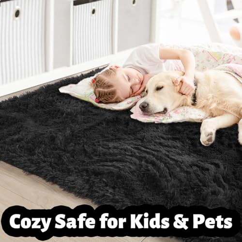 Black Fluffy Fuzzy Area Rug 4x6 for Men Boys Bedroom Living Room (Black / 4' x 6' (Rectangular))