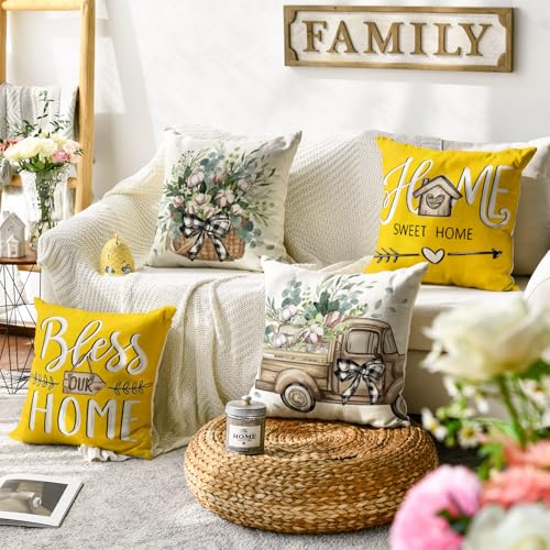 Bless Our Home Farmhouse Eucalyptus Leaves Throw Pillow Covers (Yellow / 20" x 20" (Pack of 4))