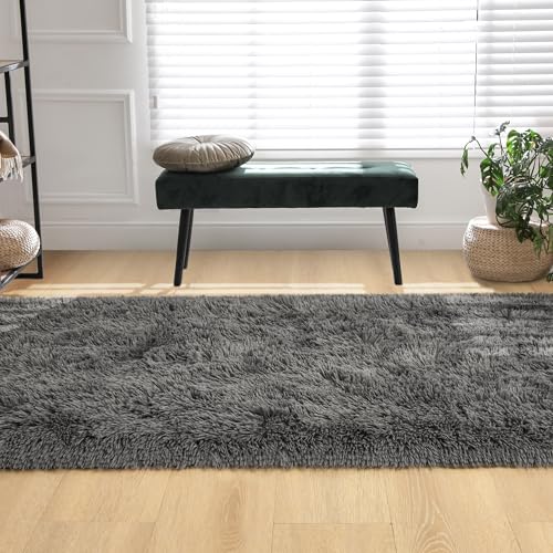 Fluffy Runner Rugs for Bedroom Aesthetic 2x6 Shag Soft Bedside Rug (Dark Grey / 2' X 6' (Runner))
