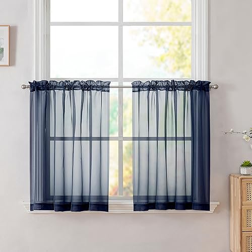 Navy Tier Curtains for Kitchen 24 Inches Long 2 Panels Set (Navy Blue / 42"W x 24"L (Pack of 2))