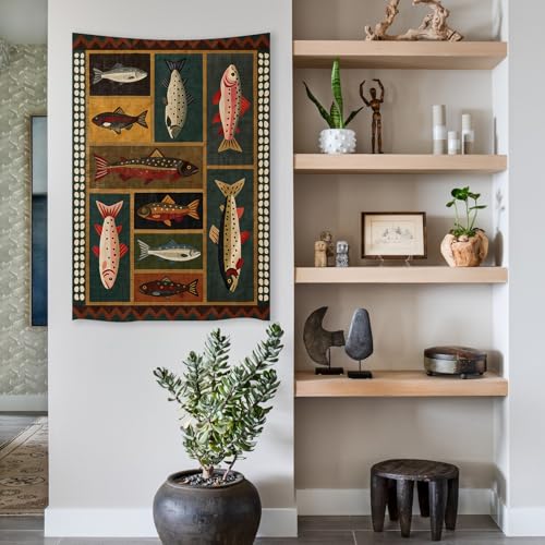 Fish Tapestry 50 X 60 Inches Vintage Dark Western Wall Art Rustic Country Salmon Trout Painting Retro Cabin Aesthetic Decor for Living Room Bedroom (Tapestries / Black / 60"L x 50"W)