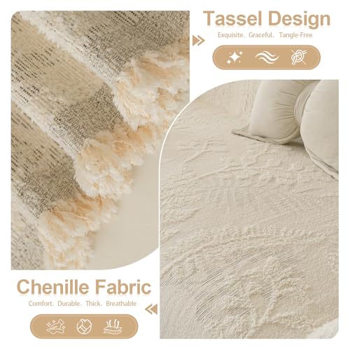 Washable Couch Covers for Sofa Boho Couch Covers for 3 Cushion Sofa Pet Friendly Beige Chenille Jacquard Couch Protector for Dogs Plant Branch Sectional Cover Sofa Slipcovers (71" x 118" / U: Beige)