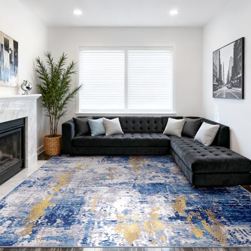Washable 10'x14' Abstract Area Rug for Living Room Blue Gold (Blue/Gold / 10' x 14' (Rectangular))