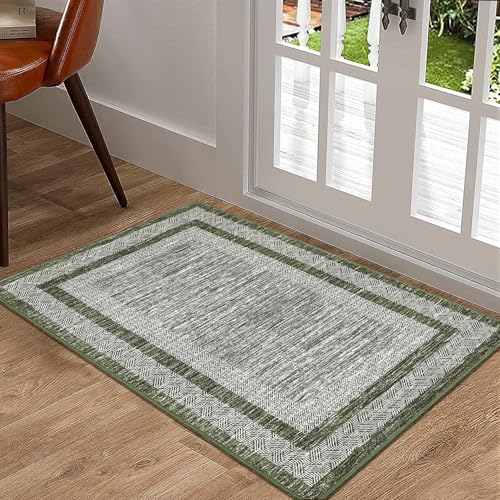 Modern Doormat 2x3 Distressed Bordered Washable Small Carpet (Green / 2' x 3' (Rectangular))