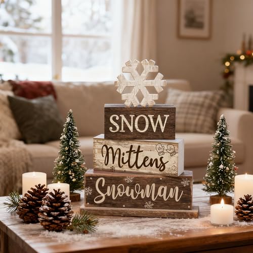 4 Pcs Wooden Snowman Block Signs Farmhouse Table Decoration (Snowflake Snowman)