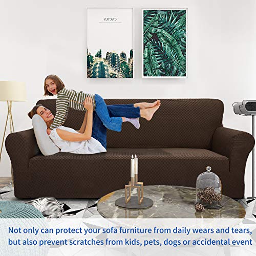 1 Piece Jacquard Couch Covers for 3 Cushion Couch Living Room High Stretch Sofa Cover Pets Dogs Friendly Anti Slip Thickened Slipcovers Furniture Protector (Large (71"-90") / Dark Coffee)