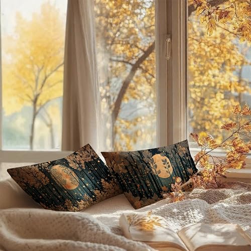 Vintage William Morris Inspired Gold Forest Moon Pillow Covers 20x12 Set of 2 (Forest-black and Gold 34 / 20" x 12" (Pack of 1))