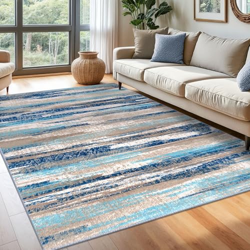 Washable Abstract 6x9 Area Rug for Living Room Non Slip Bedroom Rug (Blue Aqua/Beige Taupe Multi / 6' x 9' (Rectangular))