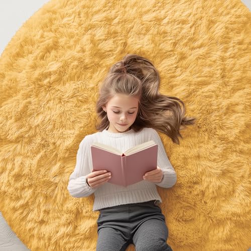 Mustard Yellow Round Rugs for Bedroom (5 Ft Round / Mustard Yellow)
