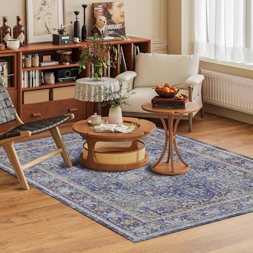 Washable Area Rug 3' x 5 ' Vintage Traditional Persian Mat (Indigo and Gold / 3' x 5' (Rectangular))