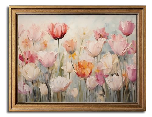 Colorful Spring Flowers Vintage Gold Framed Wall Art 12x16 inch (07-Pastel tulips / 12x16)