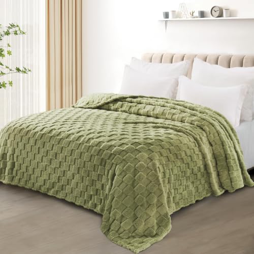 3D Checkered Fleece Twin Blanket for Bed (Olive Green / Twin (60"x80"))