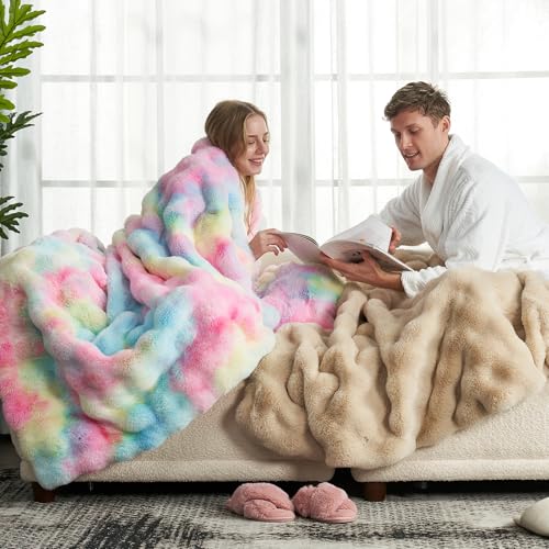 Faux Fur Throw Blanket for Couch (Tie-dye Rainbow / Throw(50" x 60"))
