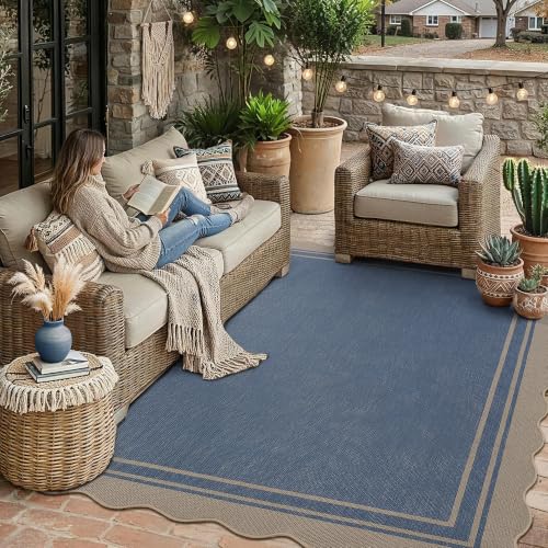 6x9 Scalloped Rug Easy Jute Washable Outdoor Patio Rug for Living Room Indoor Outdoor Blue Geometric Neutral Carpet for Backyard Patio Dining Room (6'*9'(Rectangular) / Blue)
