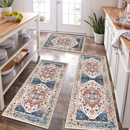 HEBE Boho Kitchen Rugs Set of 3 (Rust / 20"x32"+20"x48"+20"x59")