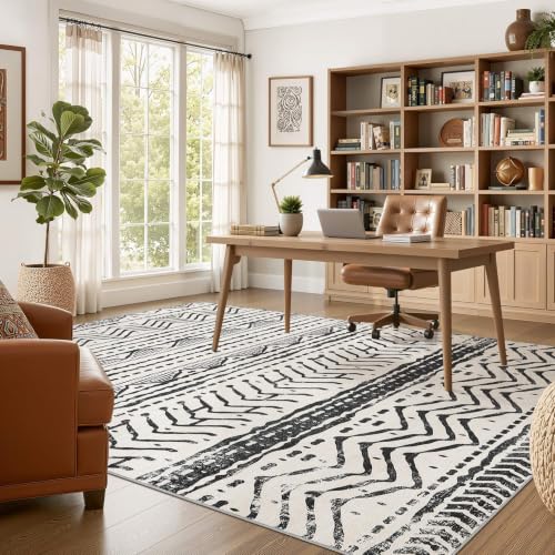 Boho 5x7 Area Rug Living Room Rugs Machine Washable Black (Ivory Black / 5' X 7' (Rectangular))