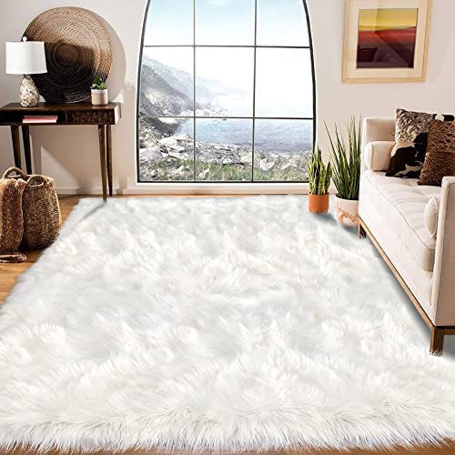 12x12 Area Rugs for Bedroom White Faux Fur Rug Washable Super Fluffy Rug Faux Sheepskin for Living Room Floor Sofa Shag Rug Office Home Décor (12' x 12' (Square) / White)