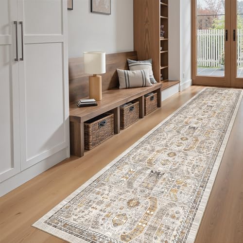 Washable Runner Rugs 2x10 Long for Hallway Kitchen (Brown/Gold / 2' x 10' (Runner))
