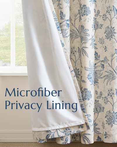 Blue Floral Linen Curtains 84 Inch Vintage Back Tab 2 Panels (*Jacobean Blue / 50"W x 84"L (Pack of 2))