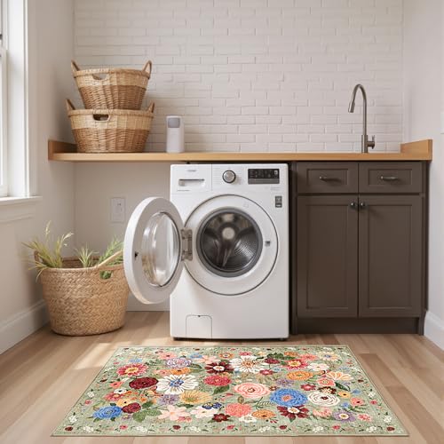 Green Floral Hallway Runner Rug 2x4 for Bedroom Kitchen (Green / 2' x 4' (Rectangular))
