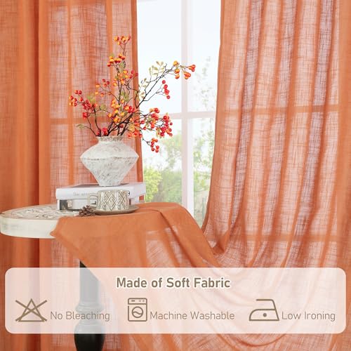 Burnt Orange Sheer Linen Curtains for Bedroom 54 Inch Length (52"W x 54"L (Pack of 2) / Burnt Orange)