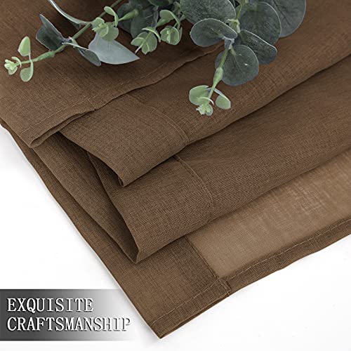 Short Sheer Curtains Linen Textured Bedroom Curtain Sheers Light Filtering Rod Pocket Voile Curtains for Living Room (54"W x 45"L (Pack of 2) / Brown)