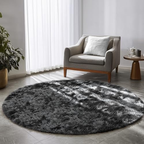 Tie Dyed Dark Grey Circle Area Rug 5Ft for Men Bedroom Living Room (Tie-dyed Dark Grey / 5' (Round))