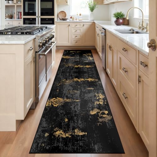 Washable Runner 2'x6' Abstract Area Rug for Hallway Black Gold (Black/Gold / 2' x 6' (Runner))