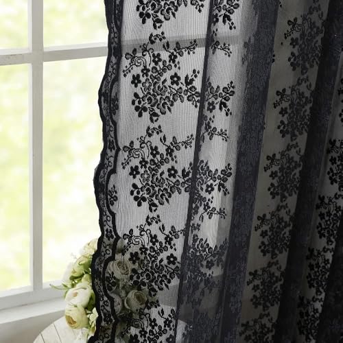 Vintage Lace Curtains 80 inch Length 2 Panles for Doorway Victorian Gothic Floral Dark Academia Black Sheer Curtain Panels for Living Room Bedroom Light Filtering 52 by 80 inch Length (Black / 52"W x 80"L (Pack of 2))