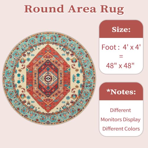 4ft Washable Non Slip Round Boho Area Rug for Bedroom (Orange/Multi / 4' (Round))