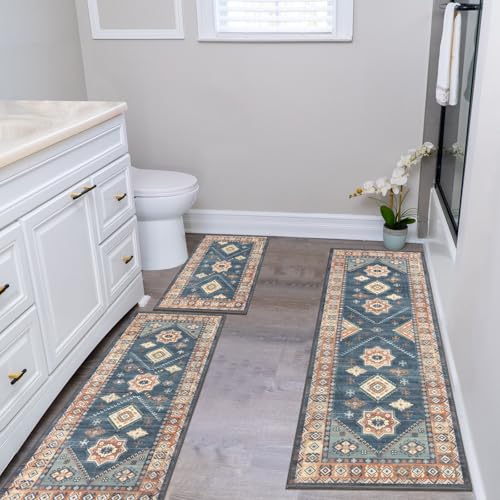 HEBE Boho Kitchen Rugs Set of 3 (Blue/Coffee / 20"x32"+20"x48"+20"x59")