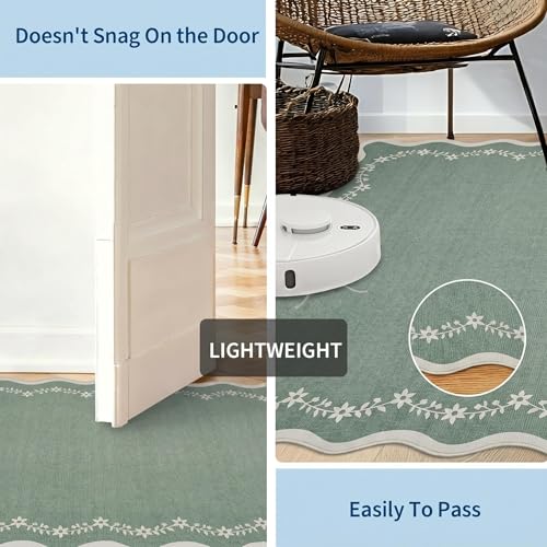 Round Rugs 6ft Scalloped Washable Circle Rug for Dining Room (Sage Green / 6' (Round))