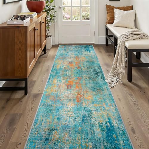 Washable Runner 2'x10' Abstract Area Rug for Hallway Teal Multi (Teal Blue/Green/Orange / 2' x 10' (Runner))