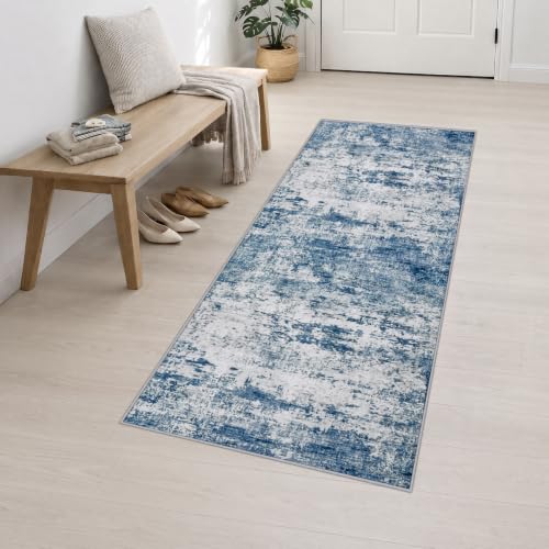 2.6x8 Washable Runner Rug：Modern Abstract Kitchen Soft Carpet Blue (Blue / 2'6" x 8' (Rectangular))