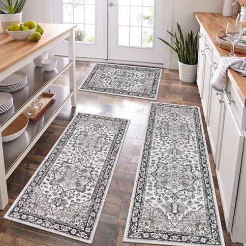 HEBE Boho Kitchen Rugs Set of 3 (Black/Brown / 20"x32"+20"x48"+20"x59")