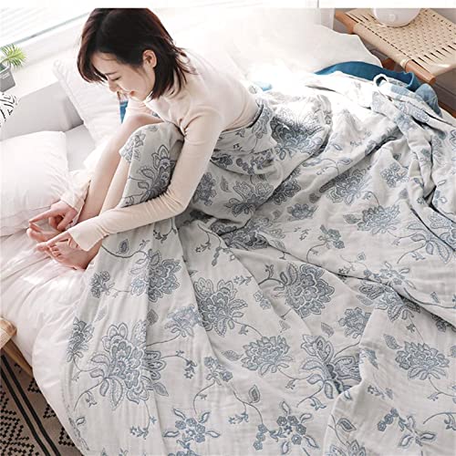 Boho Throw Blanket 80"x90" 100% Cotton Reversible Throw Couch Bed (M-blue Flower / 80"x90")