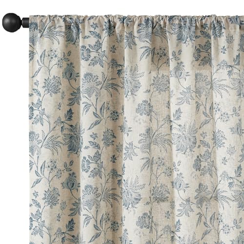 Blue Floral Linen Curtains 84 Inch Vintage Back Tab 2 Panels (*Jacobean Blue on Beige / 50"W x 84"L (Pack of 2))