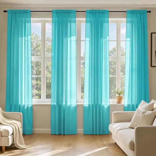Turquoise Sheer Curtains 90 Inches Long 4 Panels 42 x 90 Inches (42"W x 90"L (Pack of 4) / Turquoise)