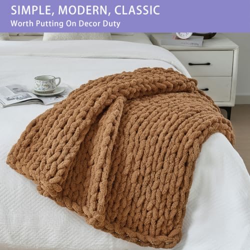 Chunky Knit Throw Blanket for Couch (Caramel / 40"x40" (Small Size Throw）)