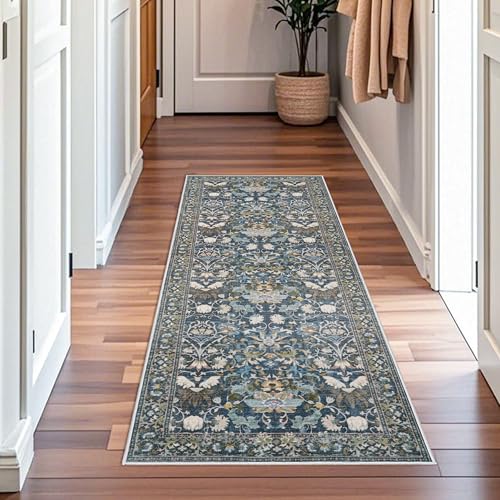 Washable Vintage 2x6 Bathroom Rugs (2' x 6' (Rectangular) / Floral/Blue)