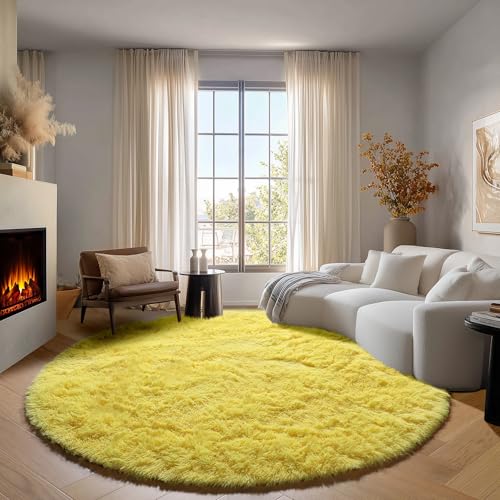 Yellow Fluffy Round Rug Circle Area Rugs 4ft for Girls Kids Teen Bedroom (Yellow / 4' (Round))