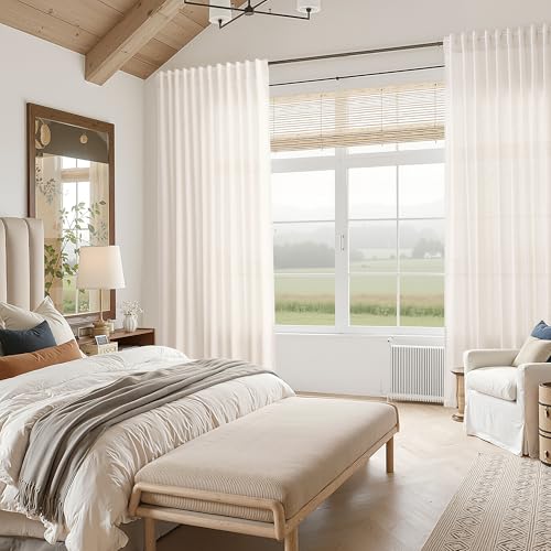 Ivory White Linen Curtains for Living Room 100 Inches Long Light Filtering Semi Sheer Curtain Back Tab Rustic Luxury Neutral Modern Farmhouse Decor Drapes for Bedroom Dinner Room 52x100 (52"W x 100"L (Pack of 2) / Ivory White)