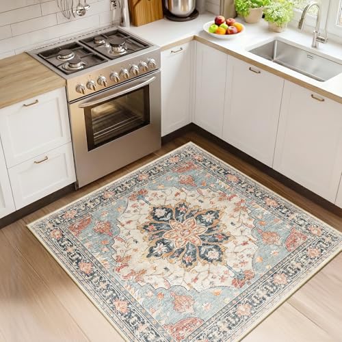 Washable Area Rug (Beige/Blue/Orange / 4' x 4' (Square))
