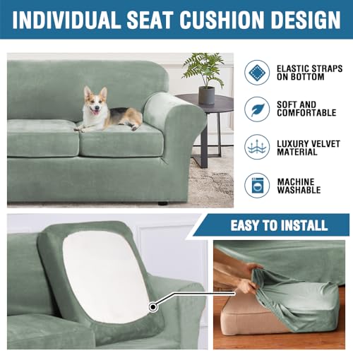 Real Velvet Plush 3 Piece Stretch Sofa Covers Couch Covers for 2 Cushion Couch Sofa Slipcovers Width Up to 90 Inch Thick Soft Stay in Place (2 Cushion Sofa / Sea Grass)