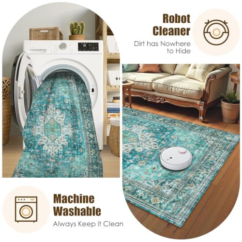 Washable Area Rug 5' x 7' Vintage Traditional Persian Mat (Teal and Gold / 5' x 7' (Rectangular))