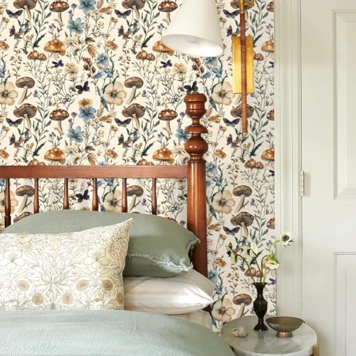 Mushroom Wallpaper Peel and Stick Vintage Floral 16.9" x 590.5" (Beige / 16.9" x 590.5")