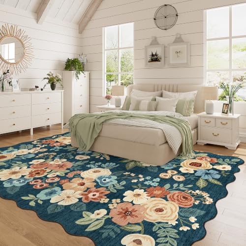 6x9 Area Rugs Floral Washable Living Room Rug Non Slip Prussian Blue (Prussian Blue (Big) / 6' x 9' (Rectangular))
